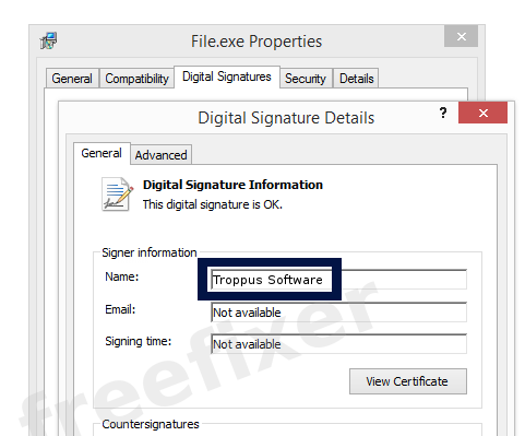 Screenshot of the Troppus Software certificate